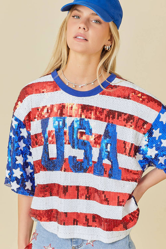 Hillary - USA Sequin Crop Top